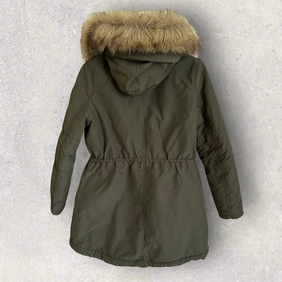American Eagle size Small Army Green Utility Jacket Sherpa Faux Fur Hood Winter - Picture 2 of 6